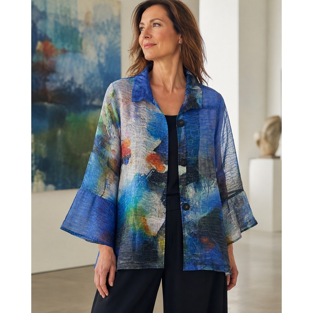 Damee Abstract Art to Wear Sheer Textured Button Up Jacket Topper Blue Medium